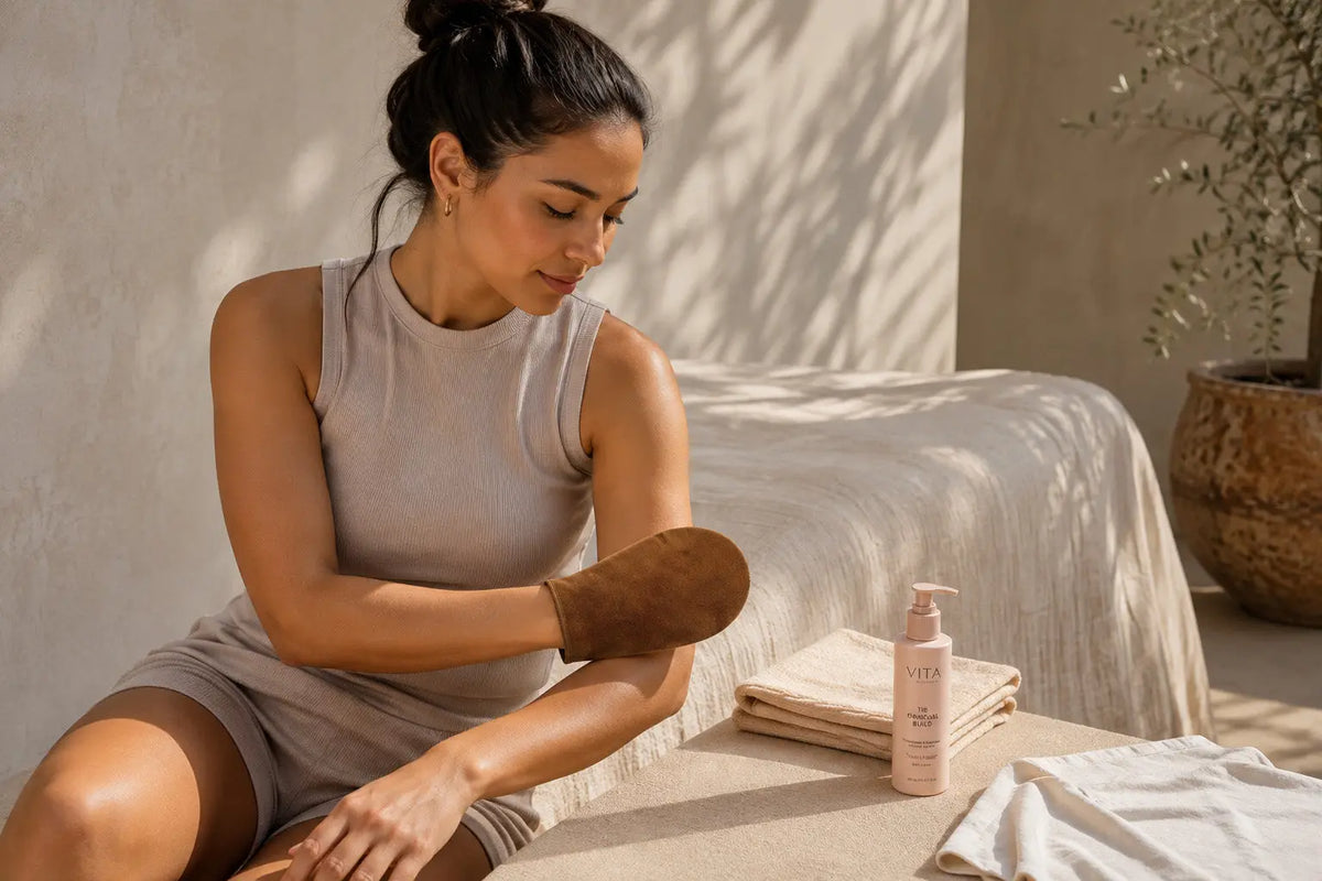 A soft editorial flat-lay showing an exfoliating mitt, cotton T-shirt, microfibre cloth and a simple lotion bottle on linen in warm daylight.