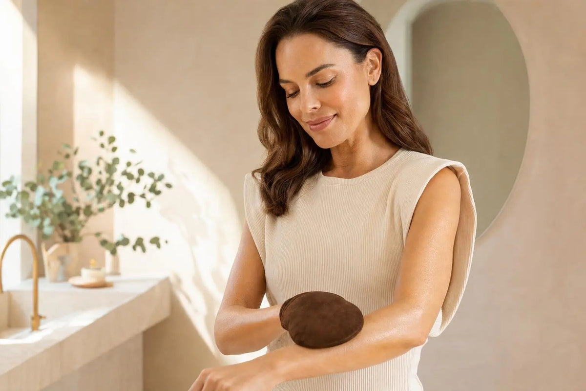 Model applying self tan with a mitt, showcasing a natural, sun-kissed finish on luminous skin