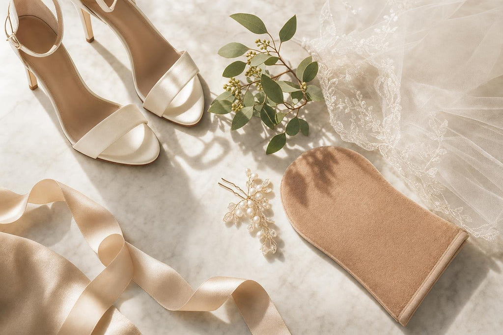 Elegant wedding-prep flat lay with silk ribbon, pearl hairpin, ivory heels, veil edge, greenery and a tanning mitt on marble in soft light.